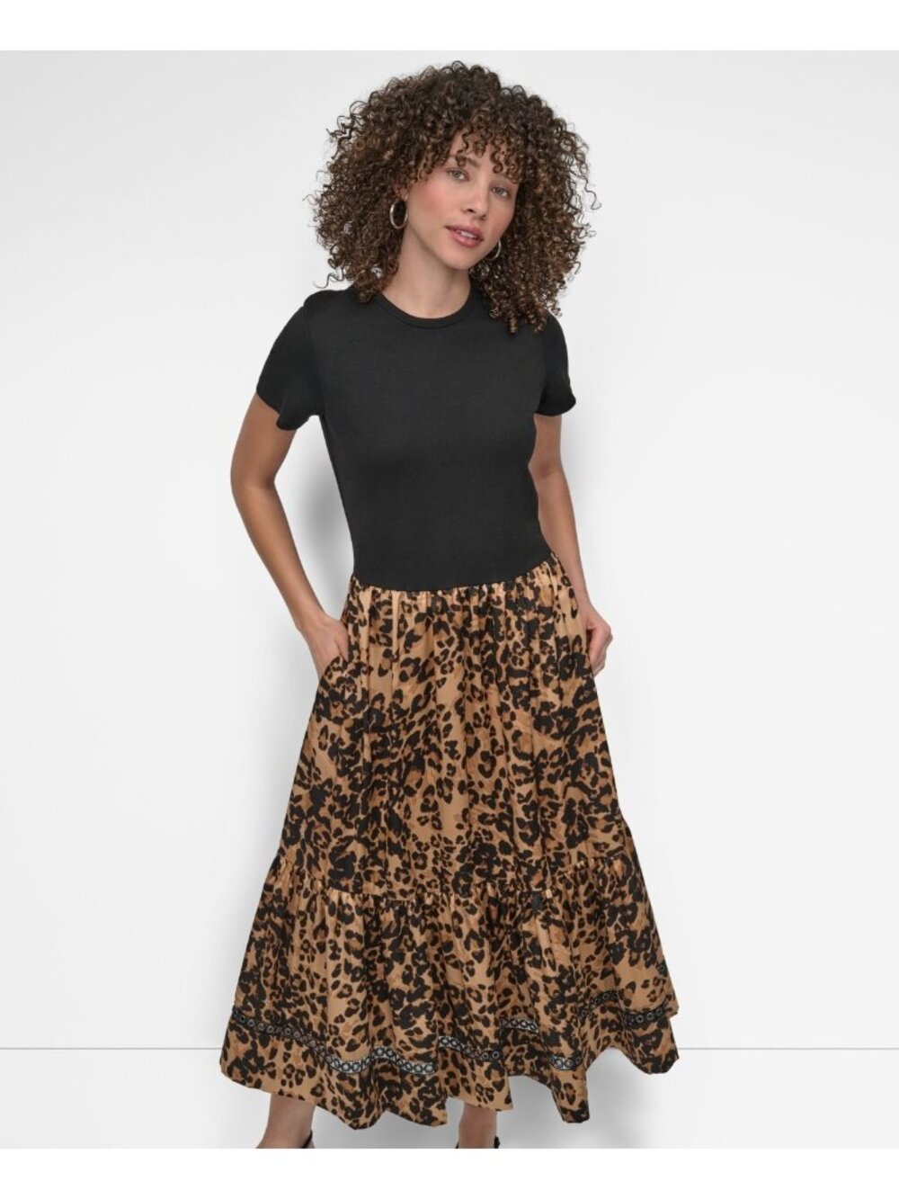 DKNY Women's Mixed Media polyester Round Neck Dress Black Brown Size S $139 SALE - Picture 2 of 5